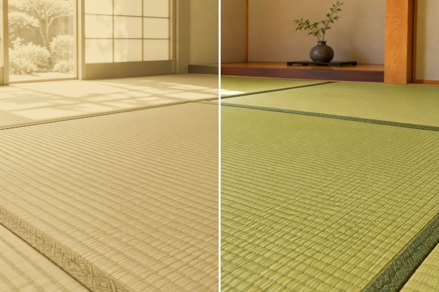 左は日に焼けて黄色くなった畳、右は張り替えたばかりの青い畳を並べた比較（イメージ）