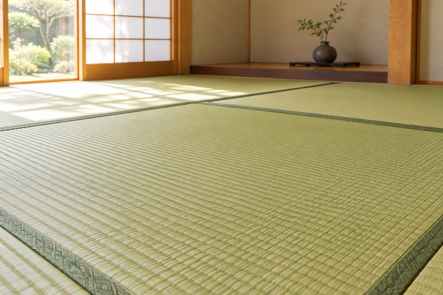 張り替えたばかりの青い畳が敷かれ、障子から光が入る和室（イメージ）